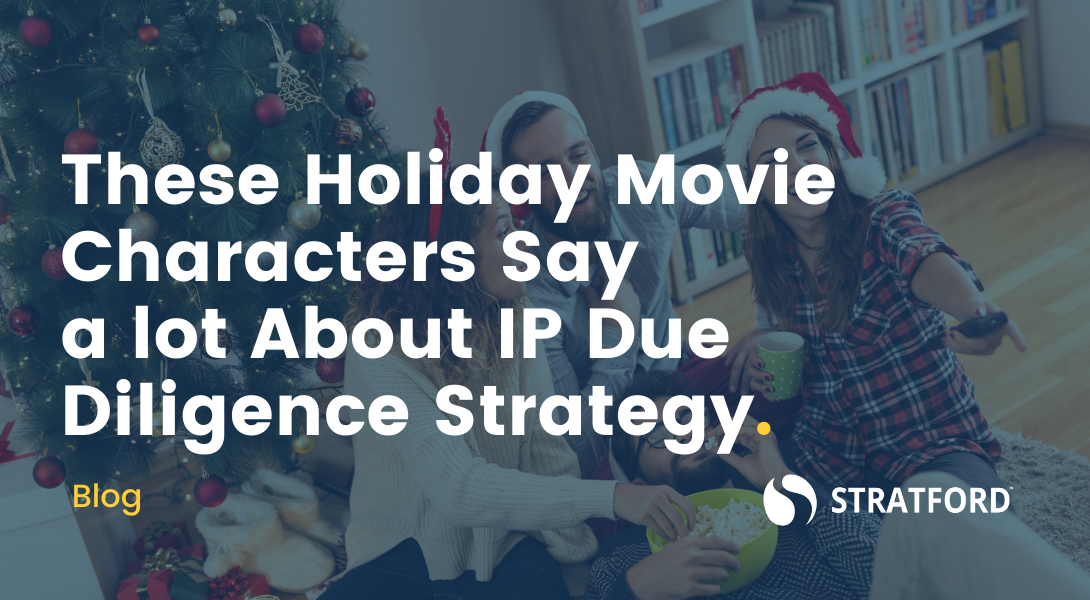 3 friends in Santa hats, eating popcorn, seated in front of Christmas tree. Text overlay "What these Holiday Characters Say About IP Due Diligence"