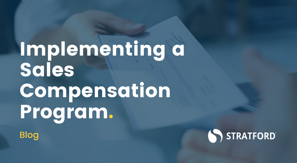 A pay cheque being passed from one hand to another with text overlay "Implementing a Sales Compensation Program"